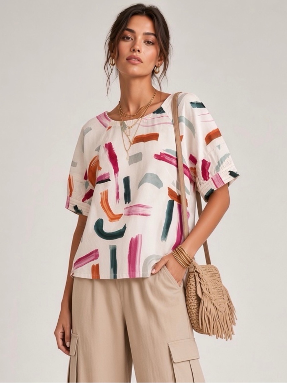 Anthropologie Aimee Clarke Artsy Boho Brushstroke Puff Sleeve Button Back Top L